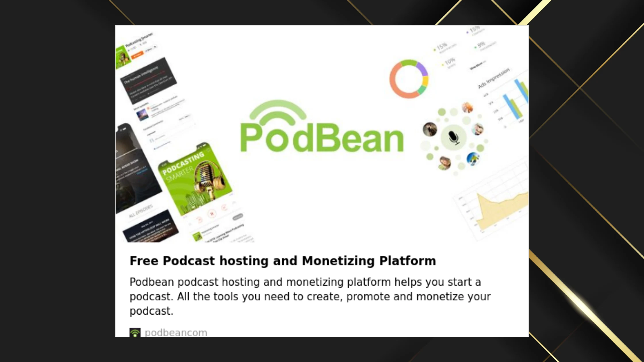 Podbean dashboard showing podcast hosting, monetization, and distribution options