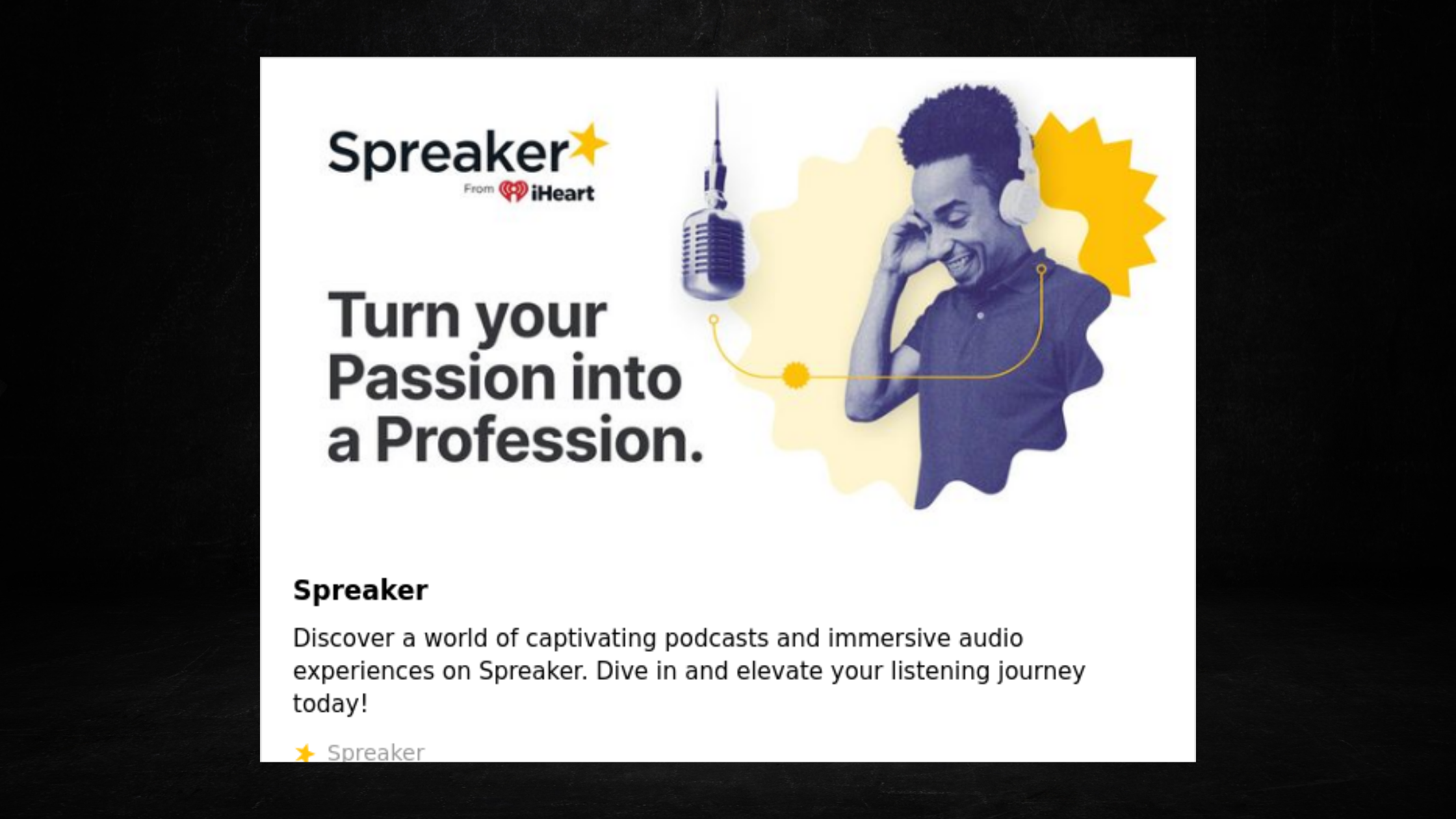 Spreaker podcasting platform displaying monetization and live streaming features.