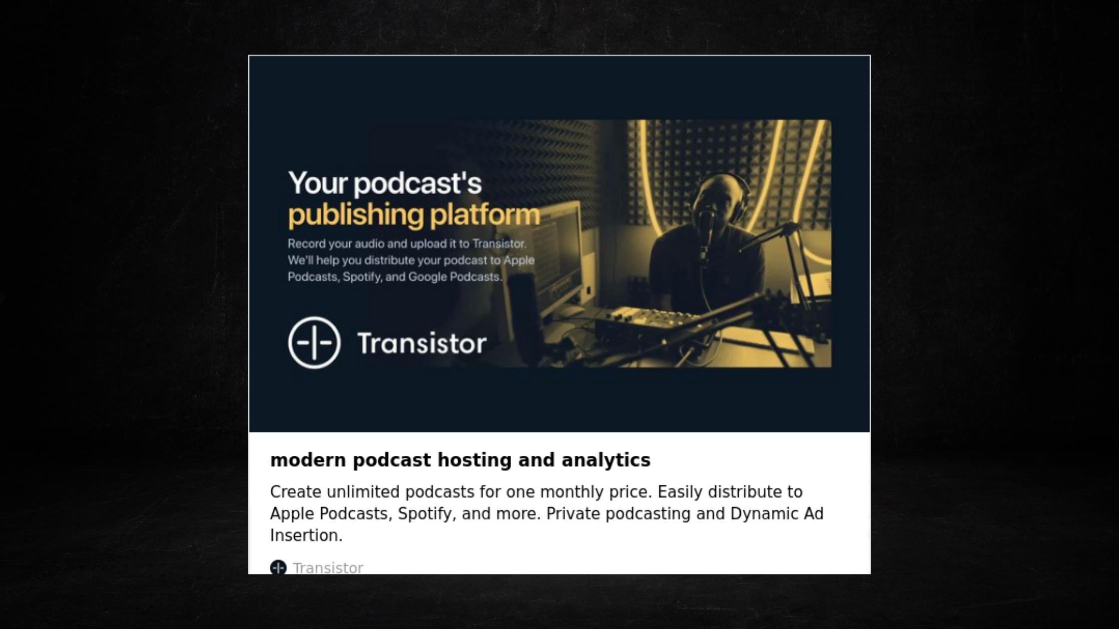 Transistor podcast hosting dashboard showing analytics and multi-show management features.